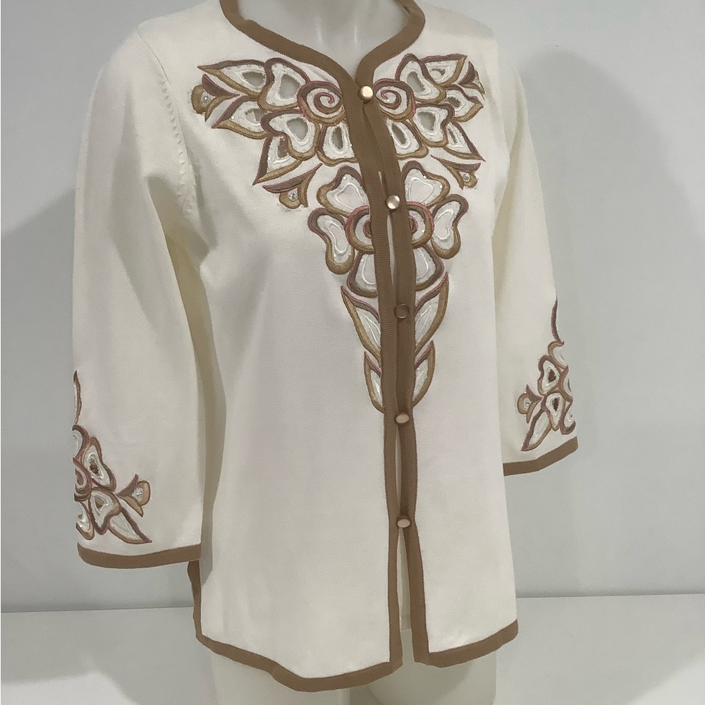 Nwt Bob Mackie Wearable Art Embroidered Beige Cardigan and Tank Top Set XS